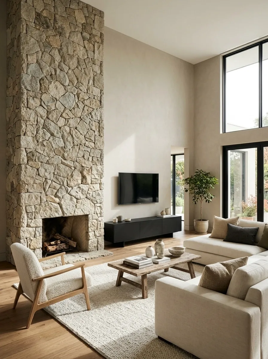 Tall Stone Fireplace With a Lower, Off-Center TV Position