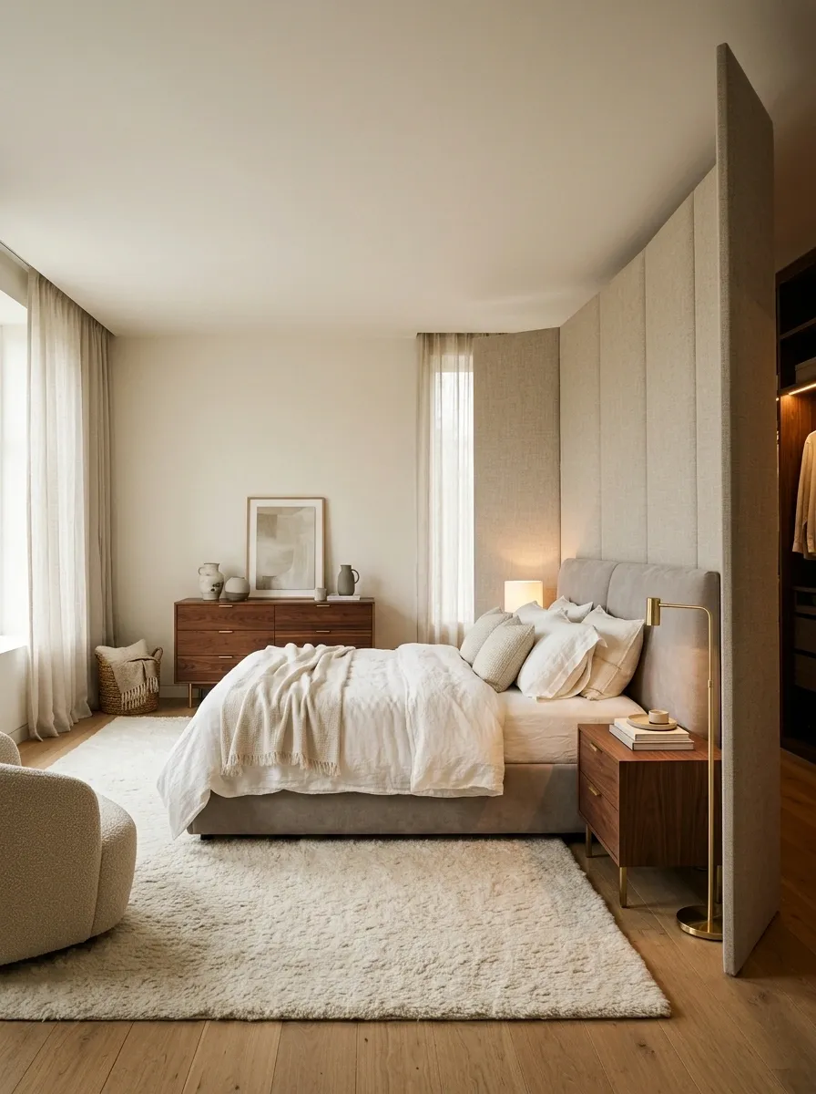 Tall Upholstered Screen Creating a Soft Bedroom Dressing Zone