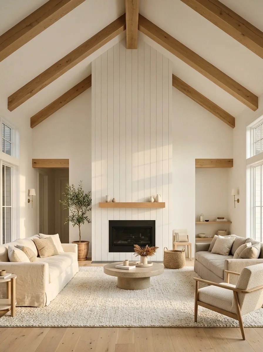 Tall Vertical Shiplap Fireplace in a Vaulted Living Room