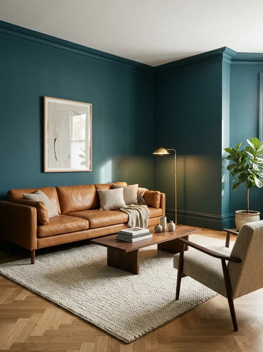 Teal and Camel Leather Living Room
