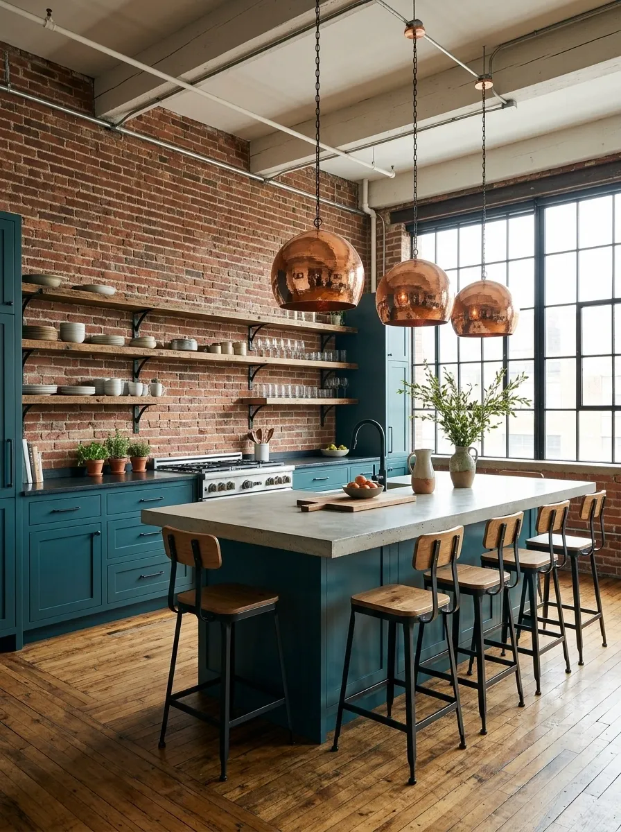 Teal and Copper Industrial Loft Kitchen