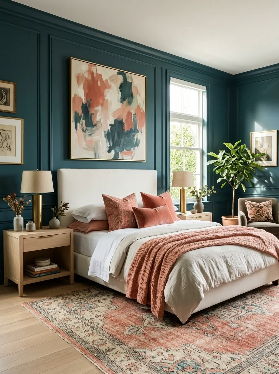 Teal and Coral Expressive Guest Bedroom