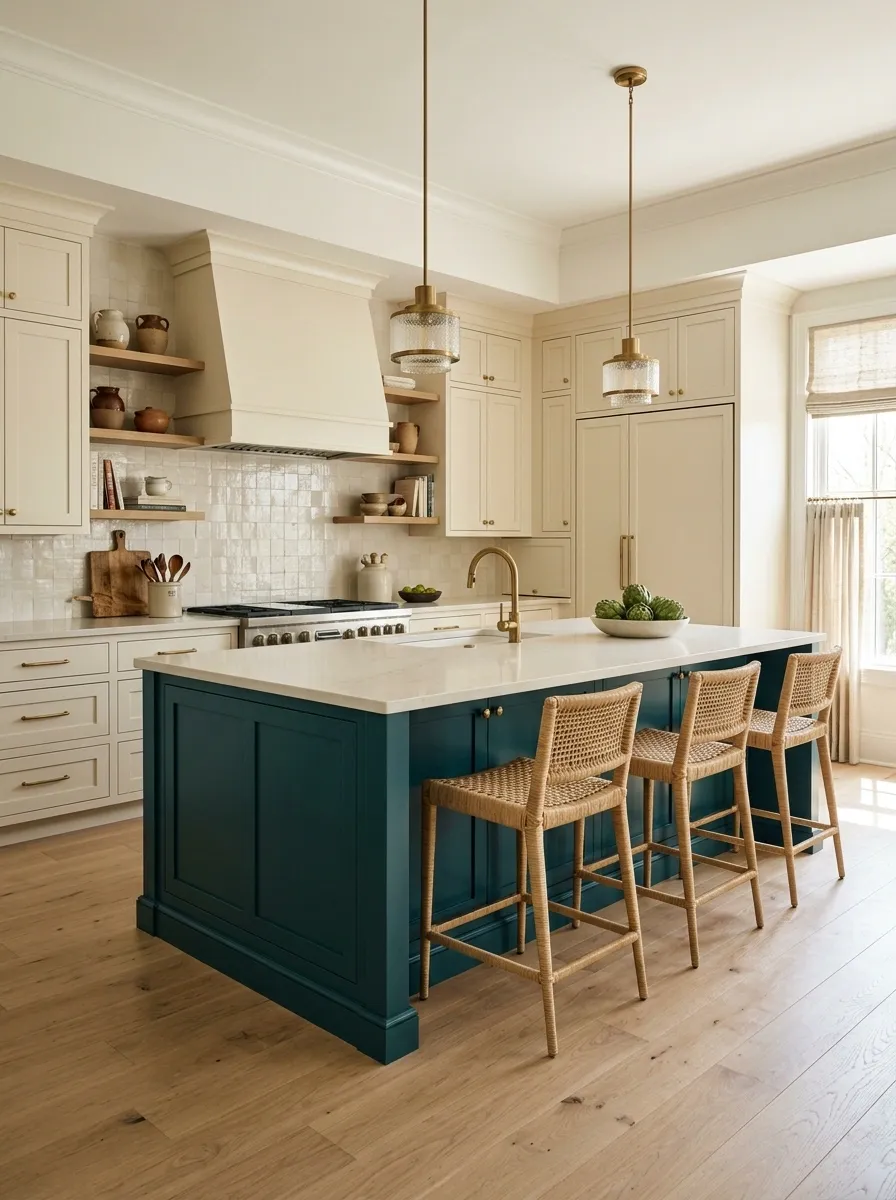 Teal and Cream Kitchen With Pale Wood