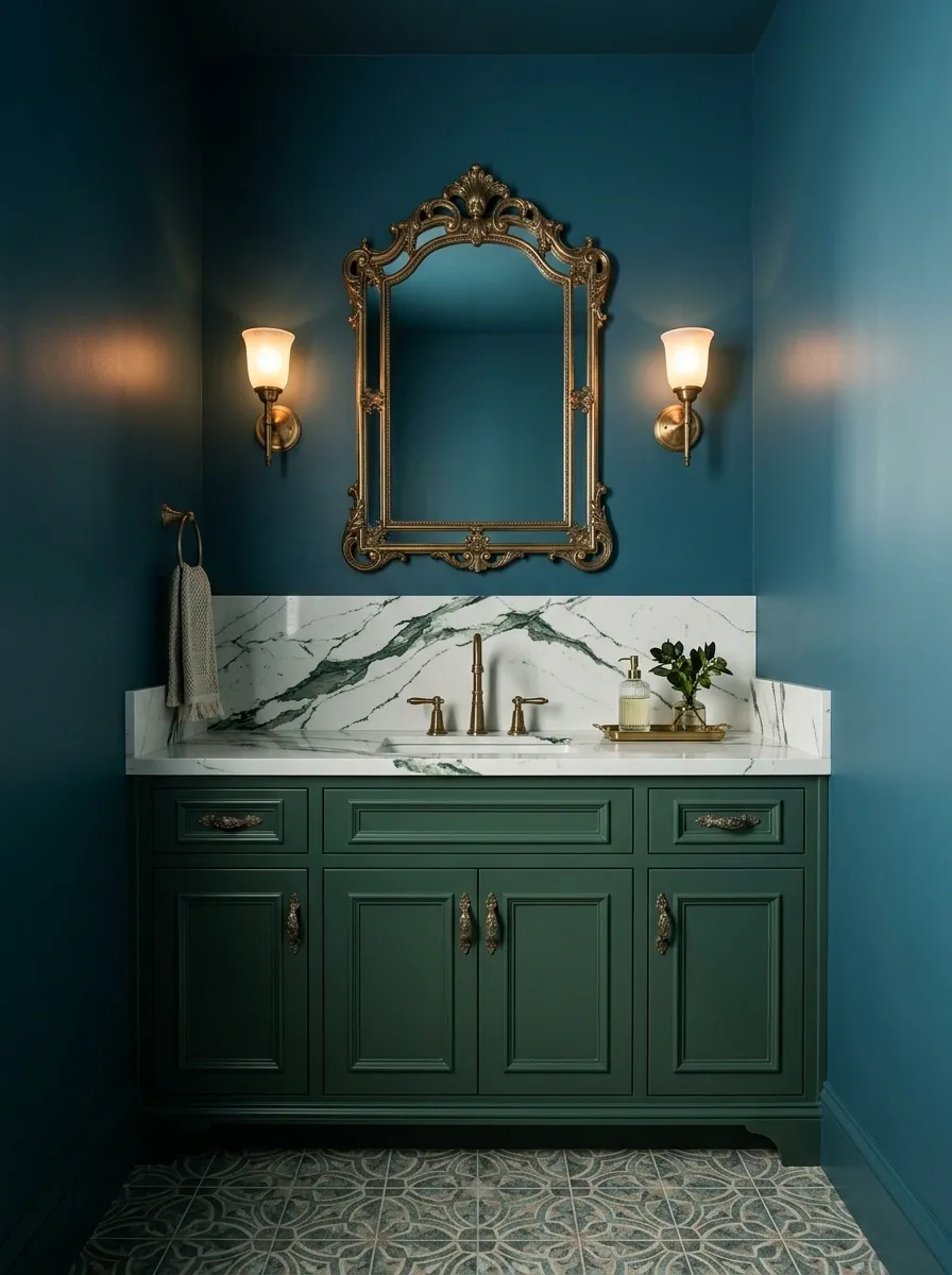 Teal and Forest Green Color-Drenched Powder Room