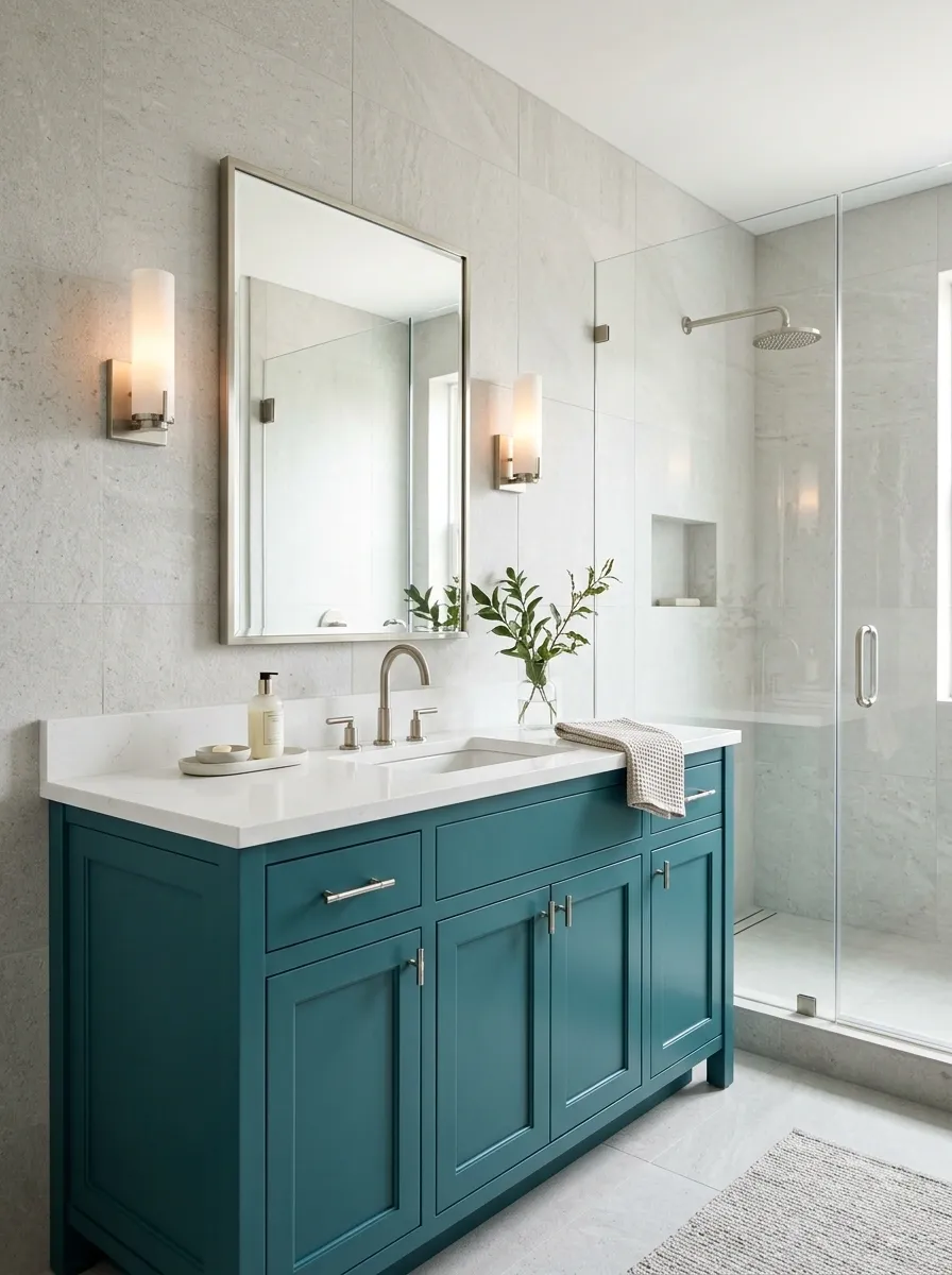 Teal and Pale Gray Contemporary Bathroom