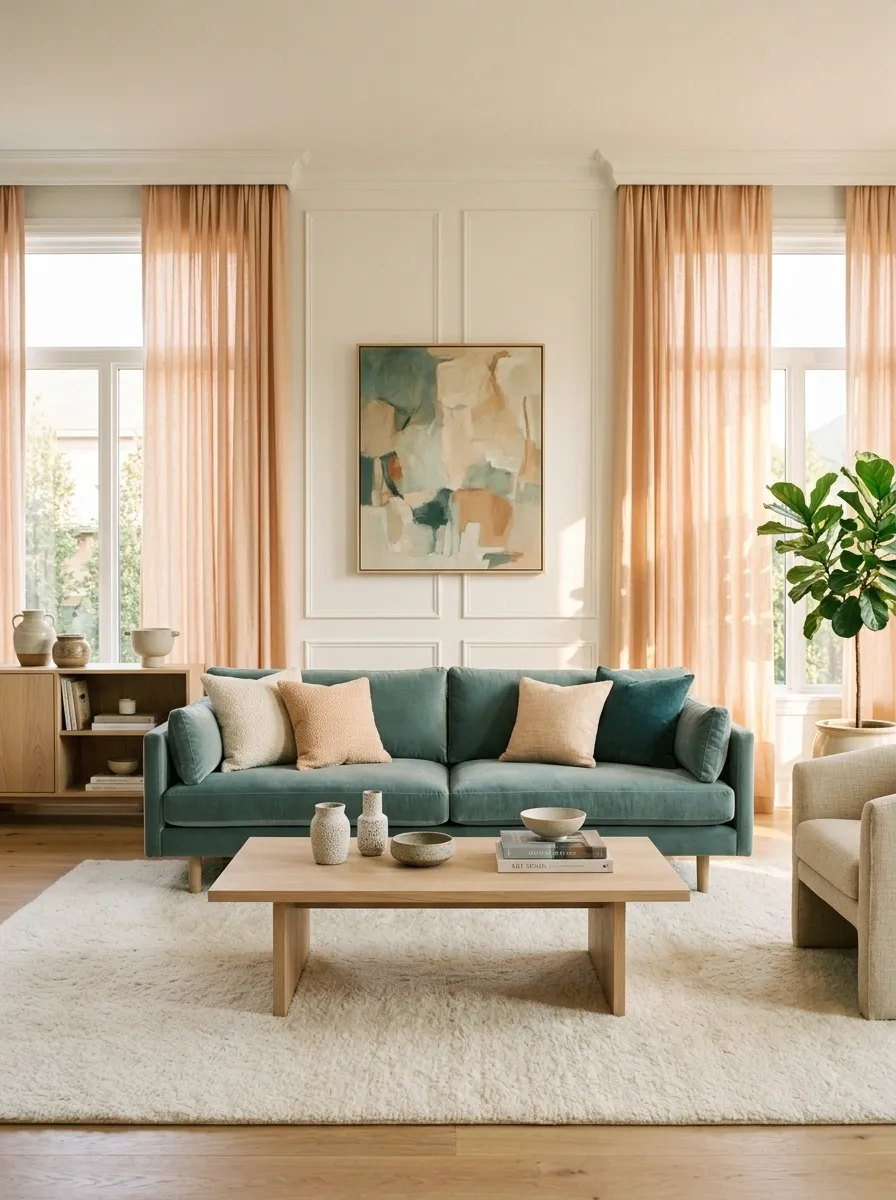 Teal and Peach Sunlit Sitting Room