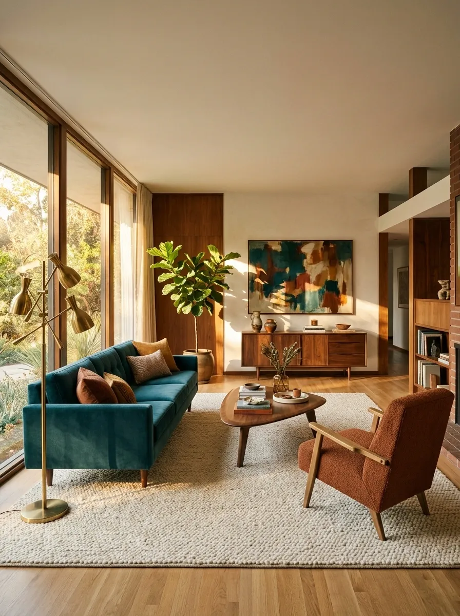 Teal and Rust Mid-Century Living Room
