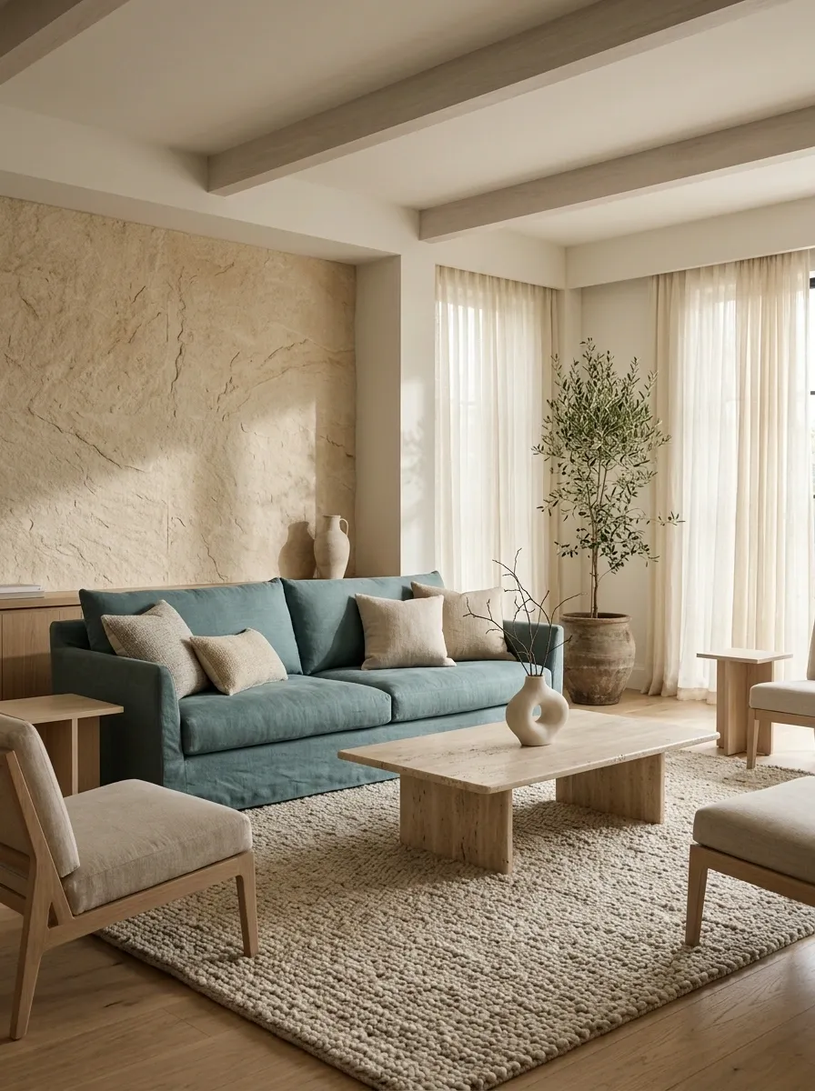 Teal and Sand Stone Organic Modern Living Room