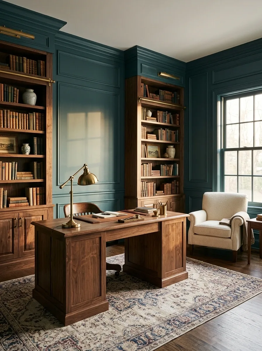 Teal and Walnut Traditional Home Office
