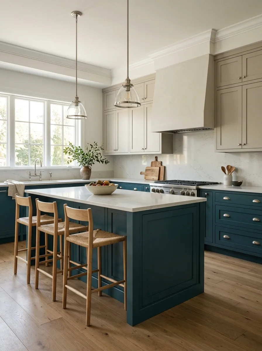Teal and Warm Greige Transitional Kitchen