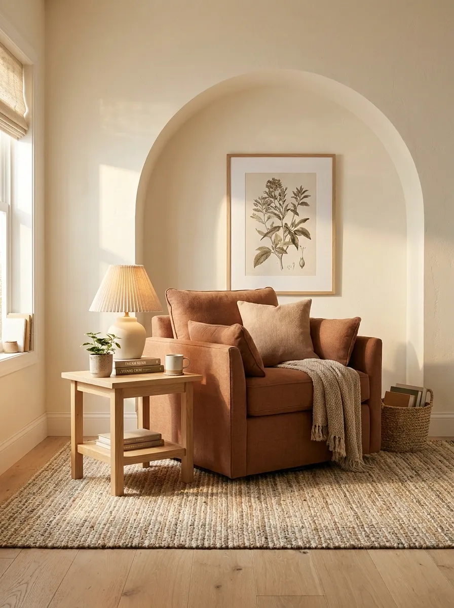 Terracotta and Cream Reading Corner With Arched Wall