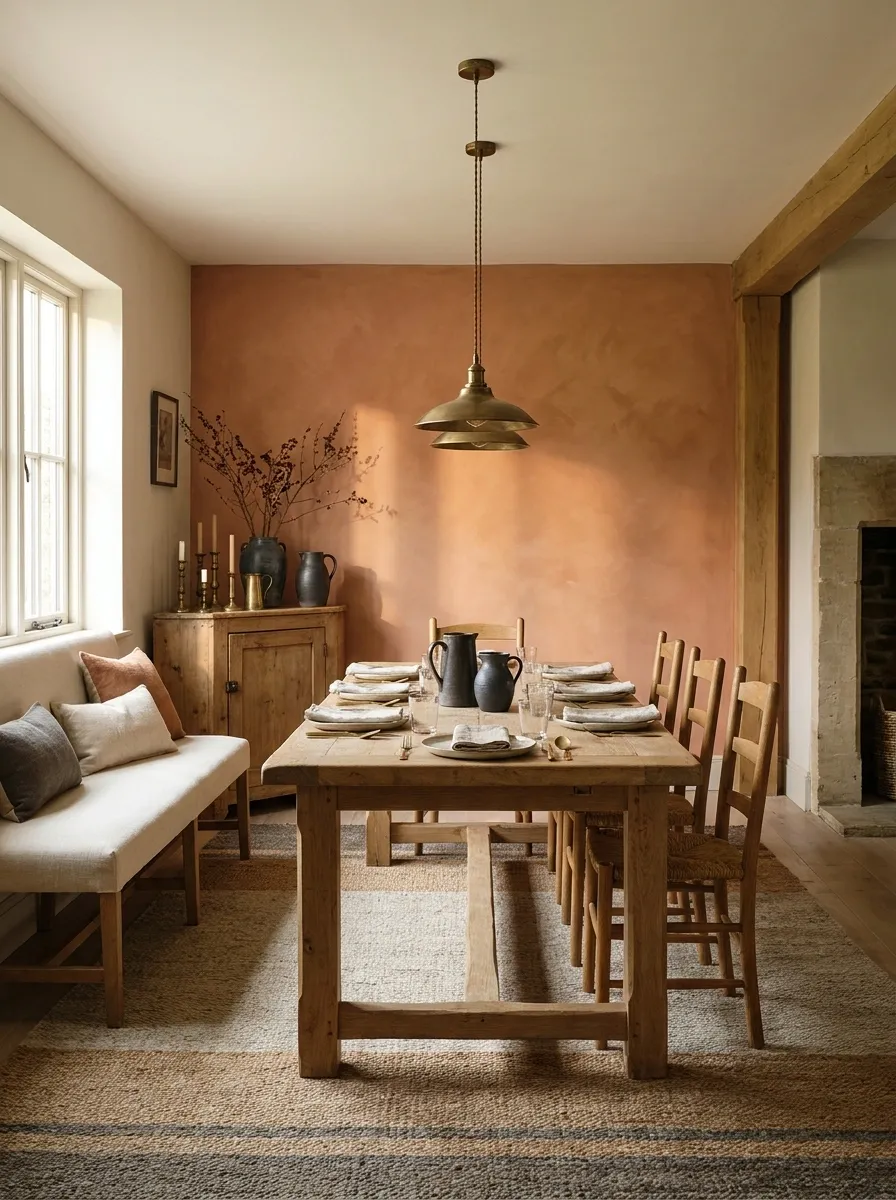 Terracotta and Oak Farmhouse Dining Room With Earthy Color