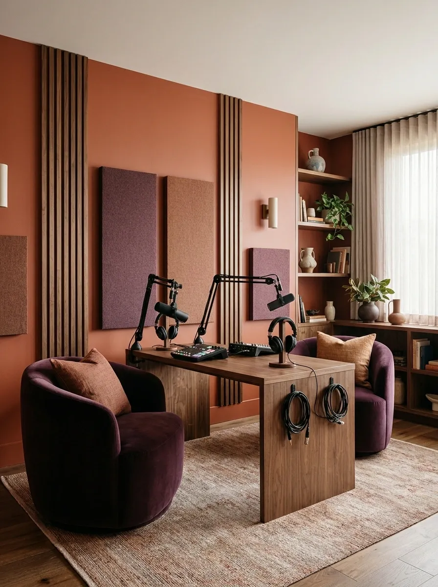 Terracotta and Plum Podcast Studio With Soft Color Layering