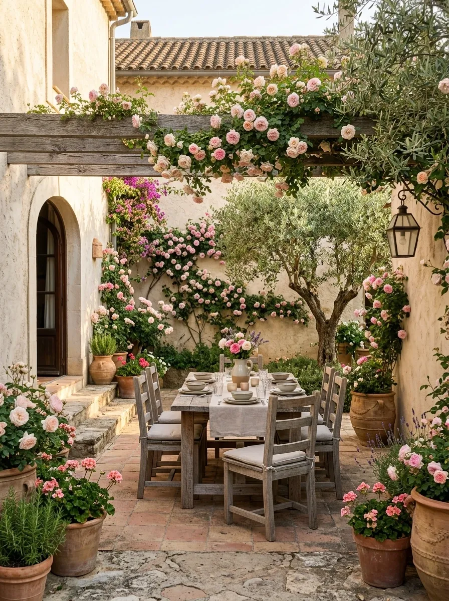 Terracotta-and-Rose Mediterranean Backyard