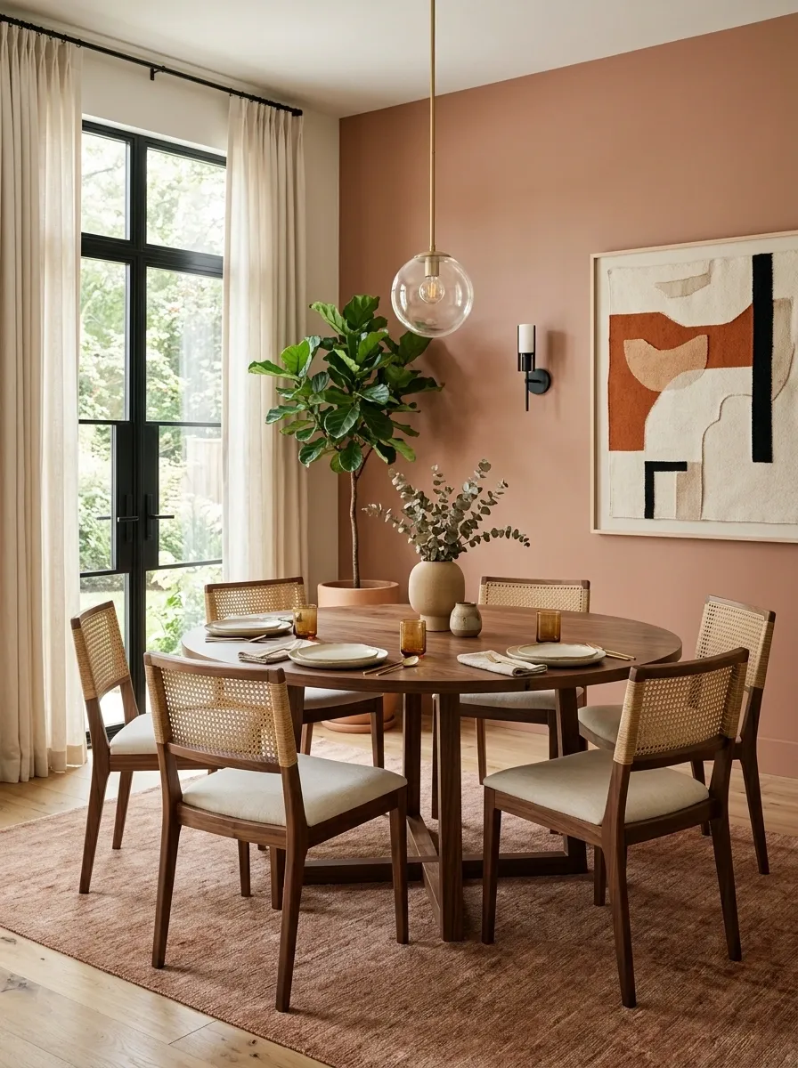 Terracotta and Walnut Dining Room With Woven Chairs