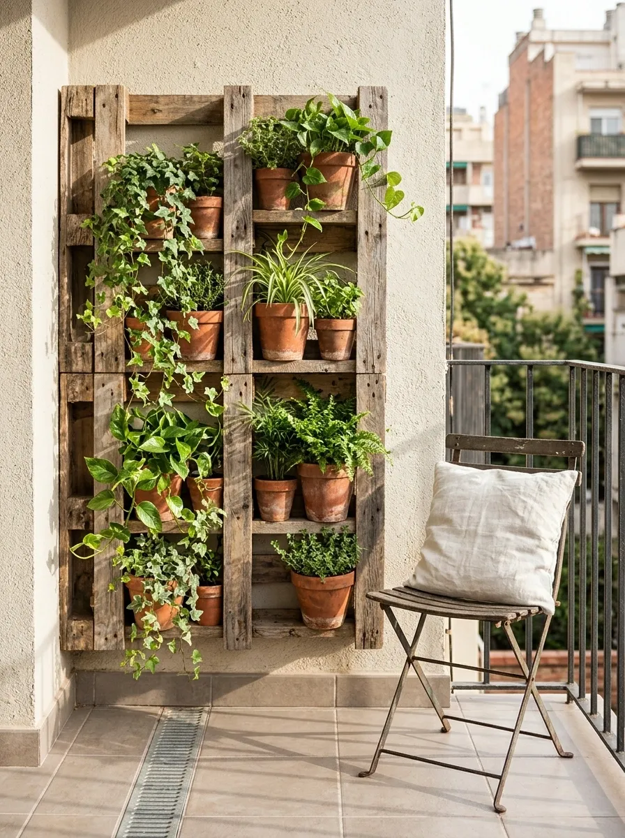 Terracotta Balcony Garden With a Pallet Plant Screen