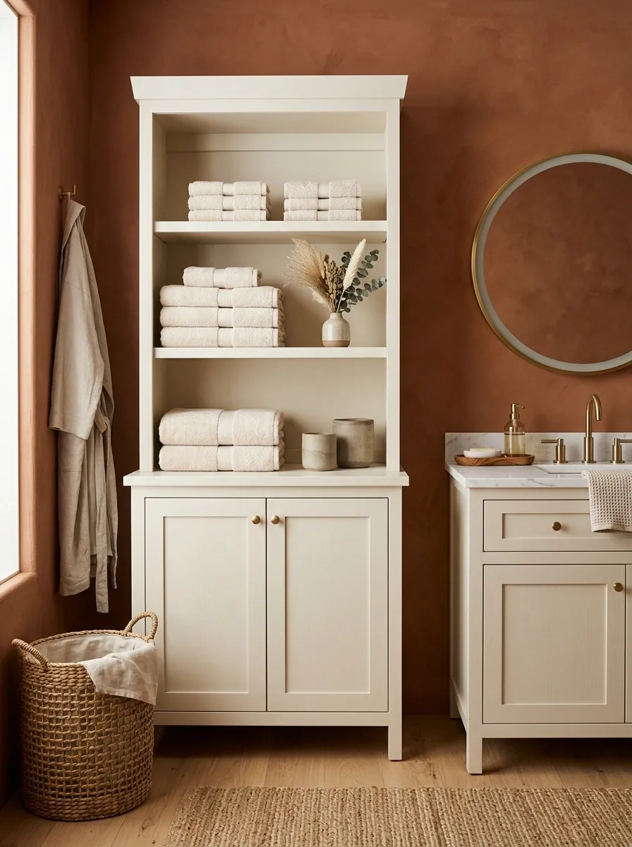 Terracotta Bathroom With a Freestanding Painted Linen Hutch