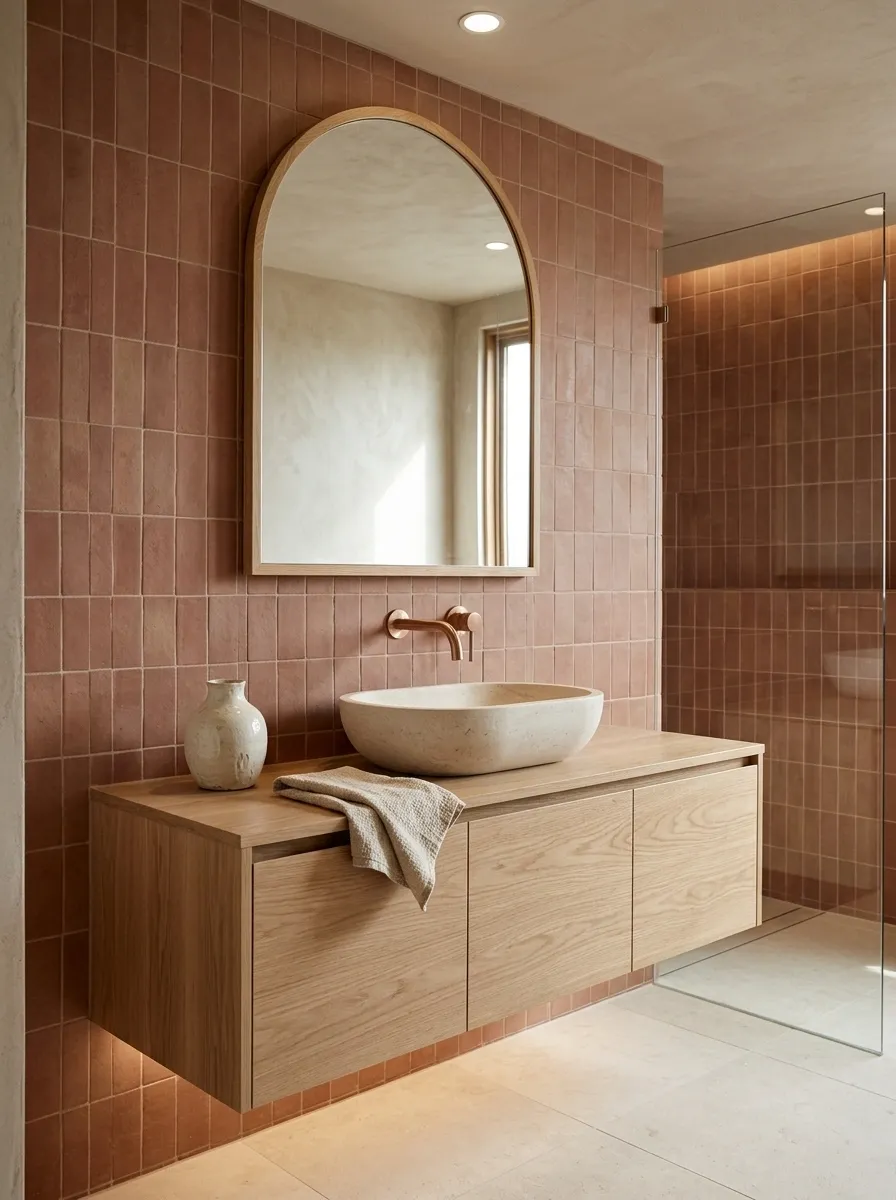 Terracotta Bathroom With Clay Tones and Light Oak