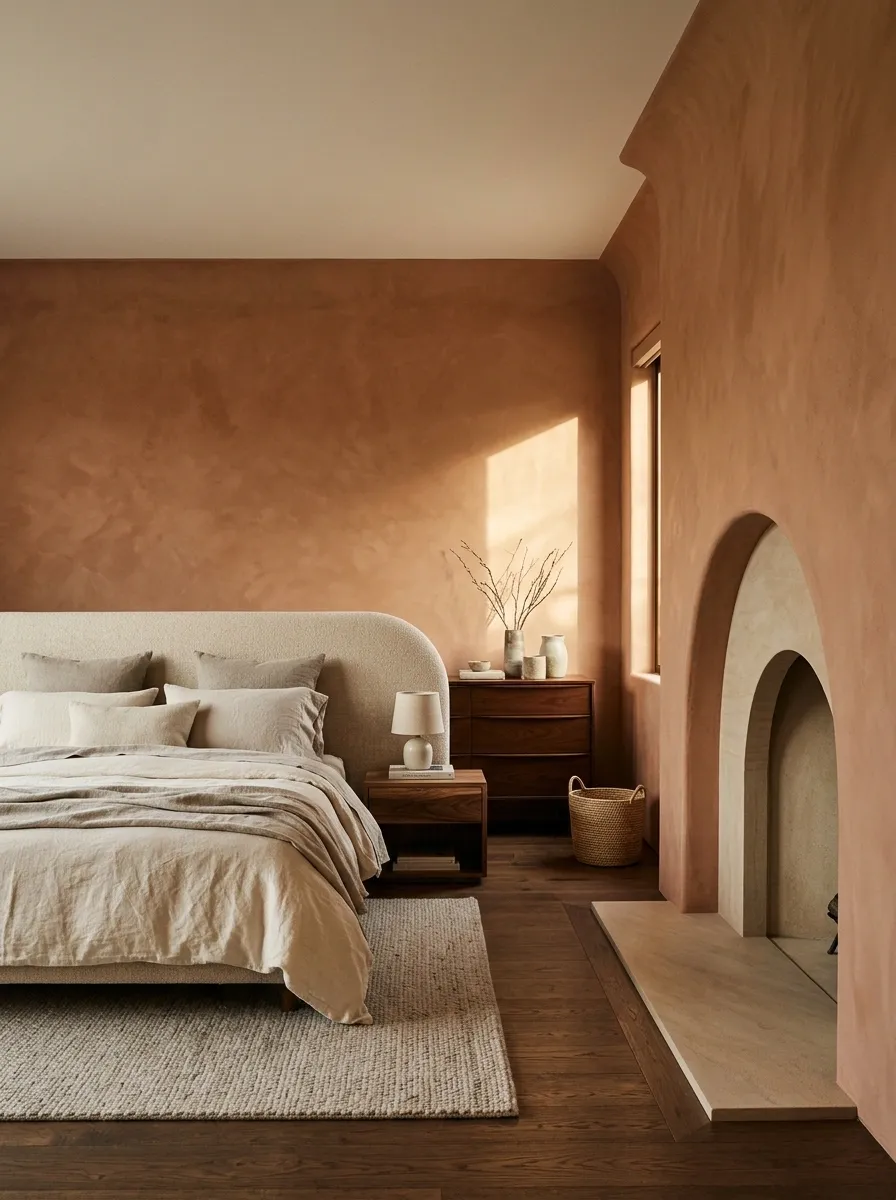 Terracotta Bedroom With Arched Fireplace and Natural Linen Bedding