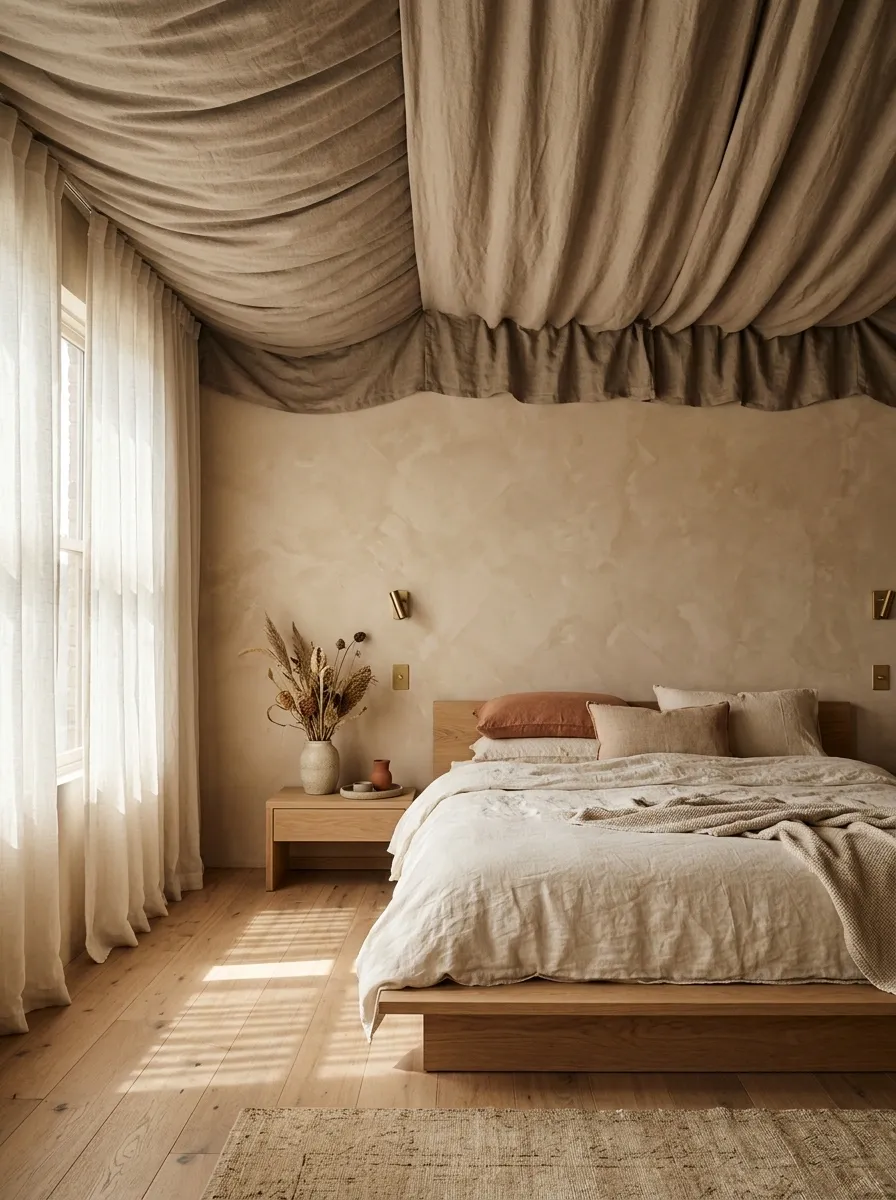 Terracotta Bedroom With Warm Clay Ceiling Fabric