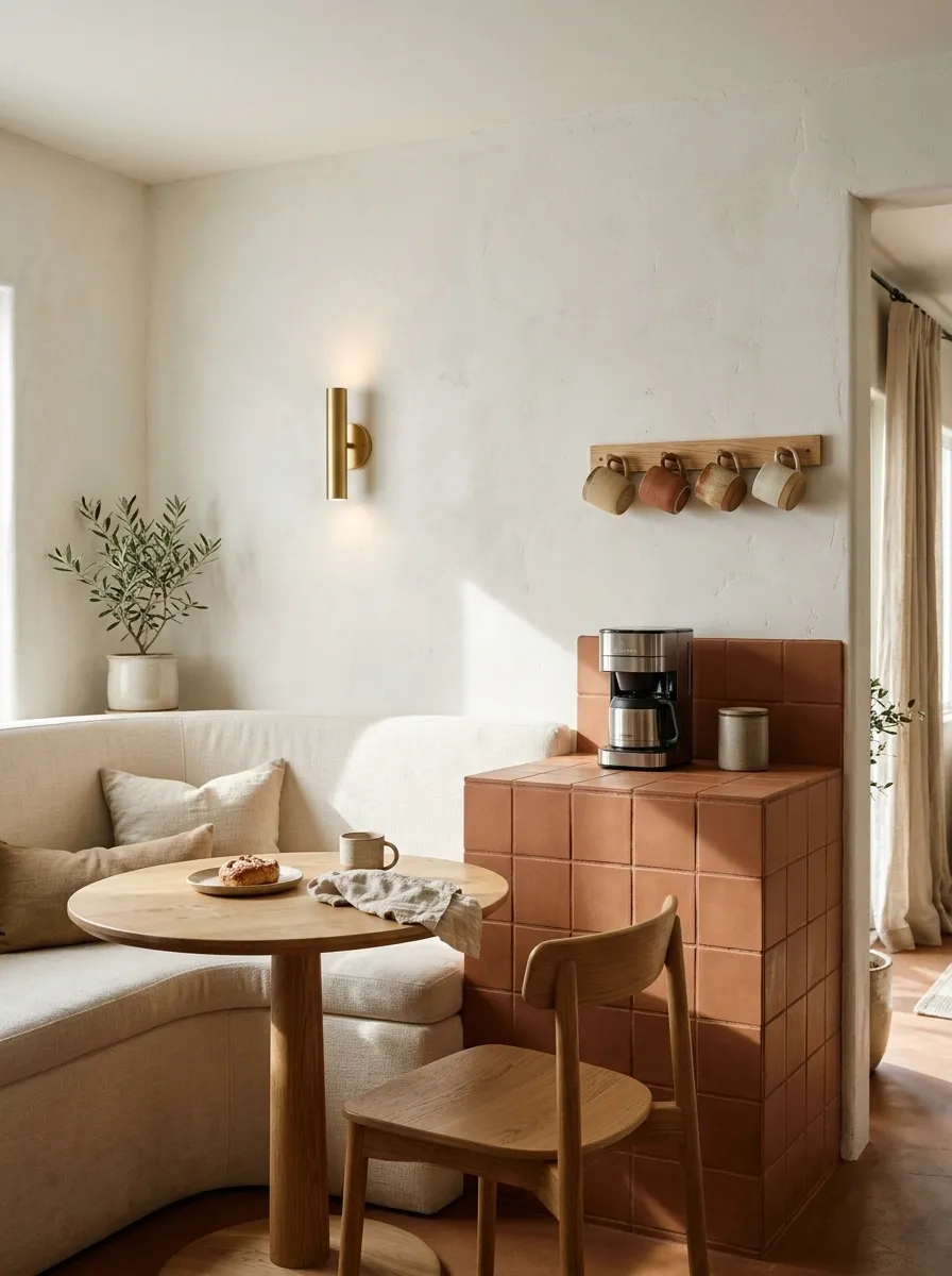 Terracotta Coffee Corner With a Built-In Curved Bench