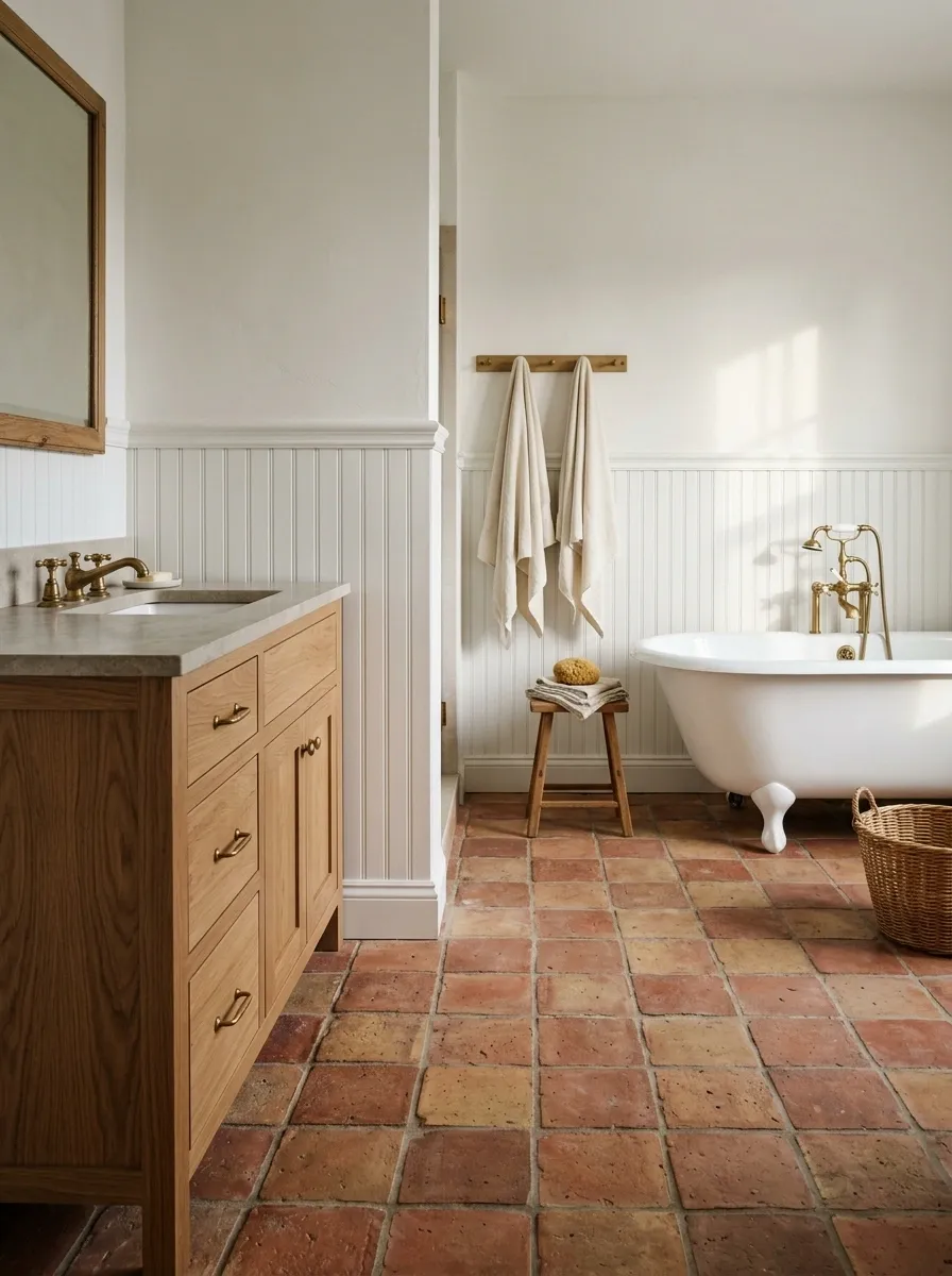 Terracotta Flooring With White Beadboard and Natural Wood