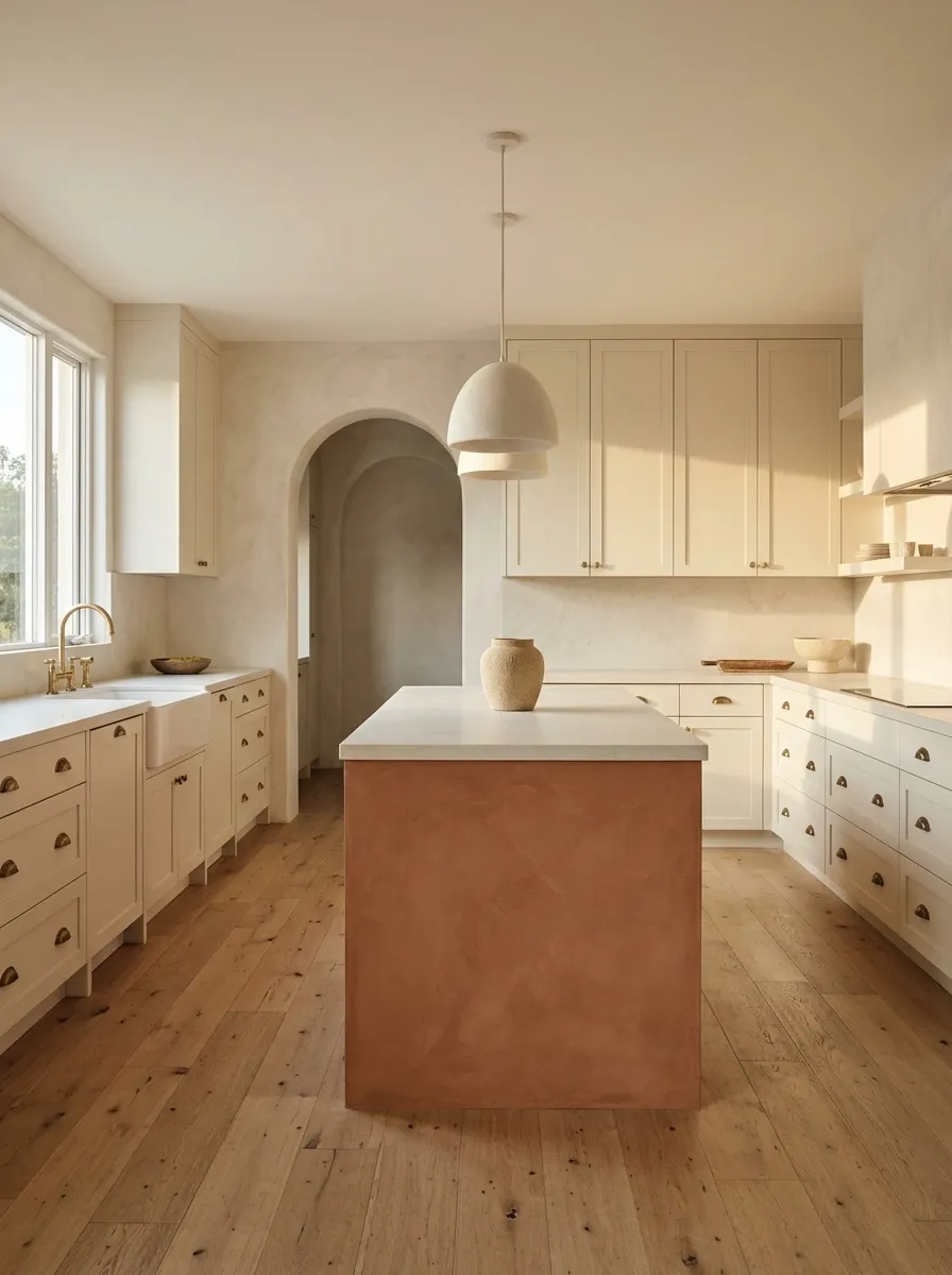 Terracotta Island With Limestone-Colored Perimeter Cabinets