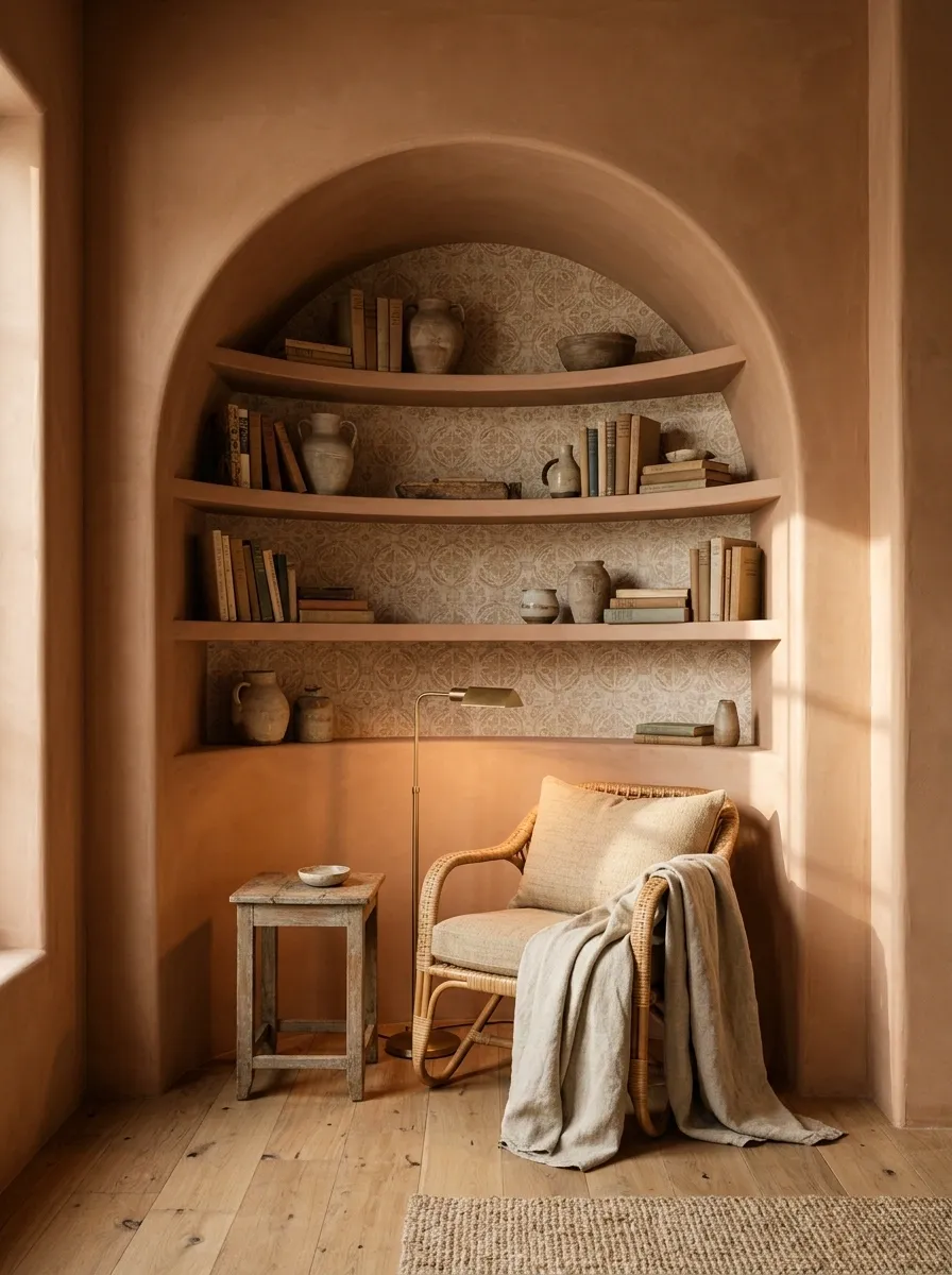 Terracotta Nook With Arched Shelves and Muted Mediterranean Wallpaper