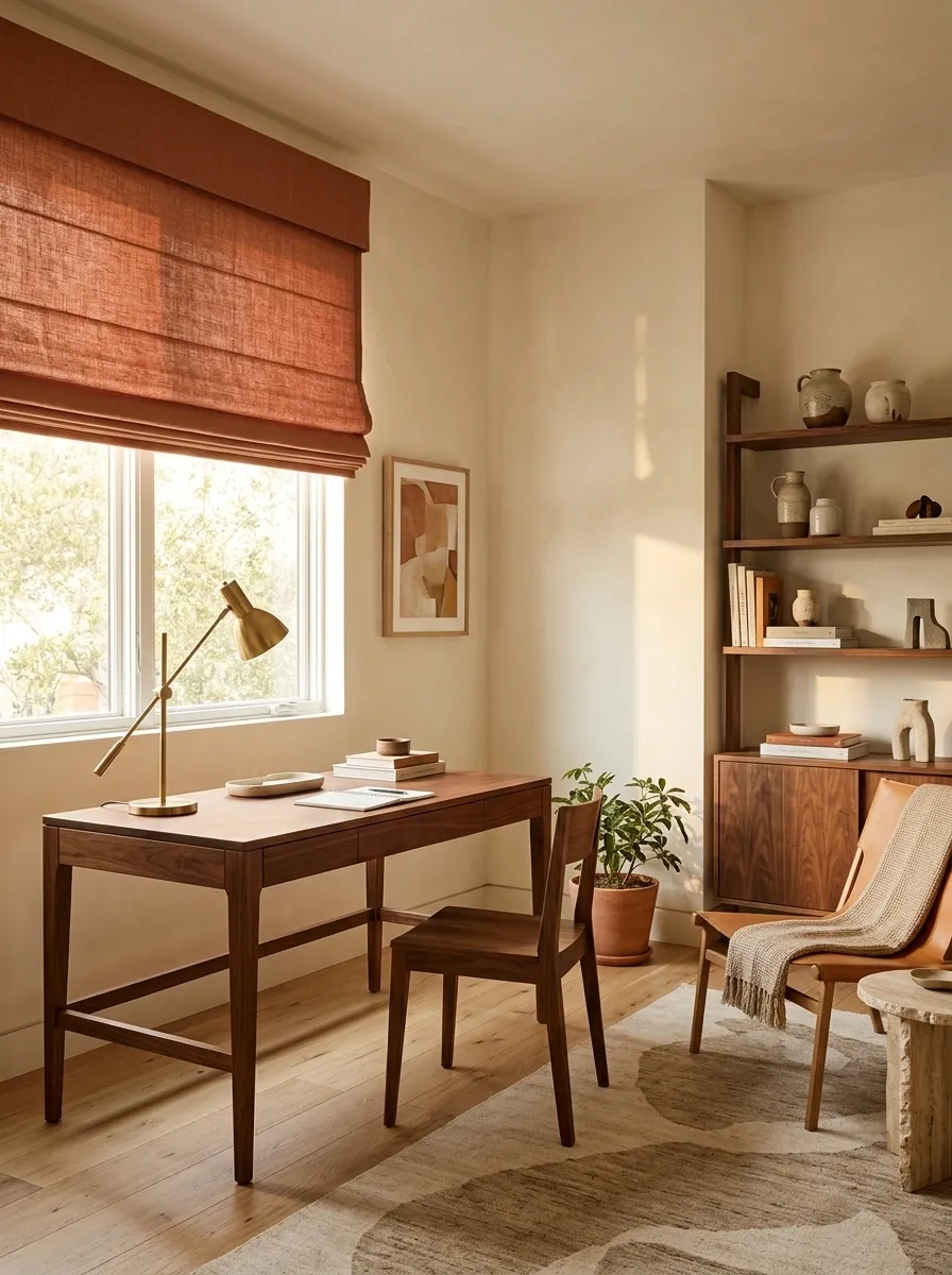 Terracotta Roman Shades in a Sculptural Mid-Century Study
