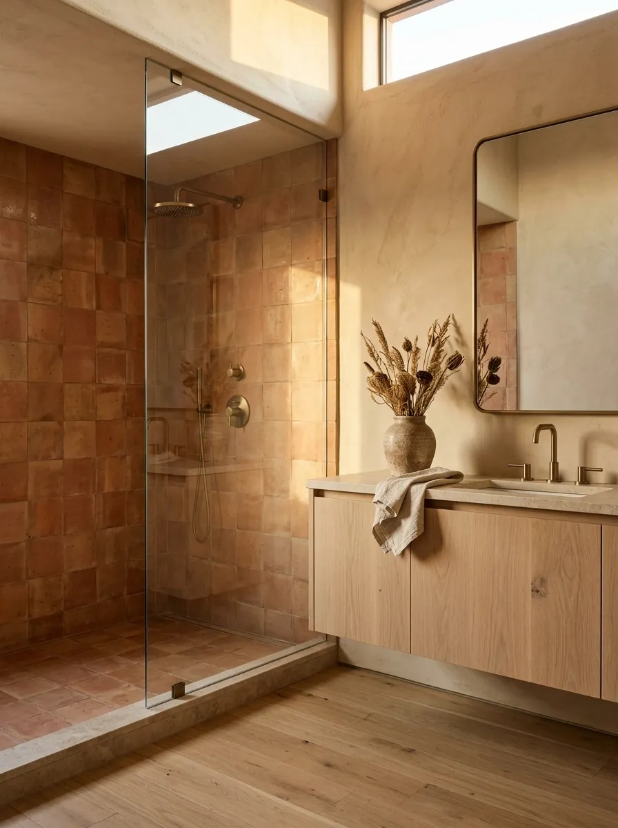 Terracotta Shower Bathroom With Sand-Colored Plaster