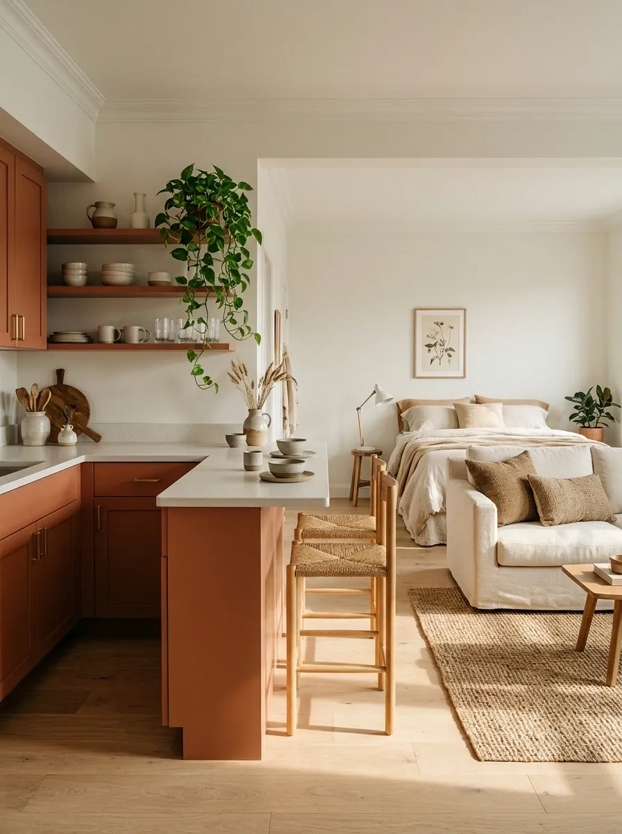 Terracotta Studio With a Kitchen-Facing Dining Peninsula