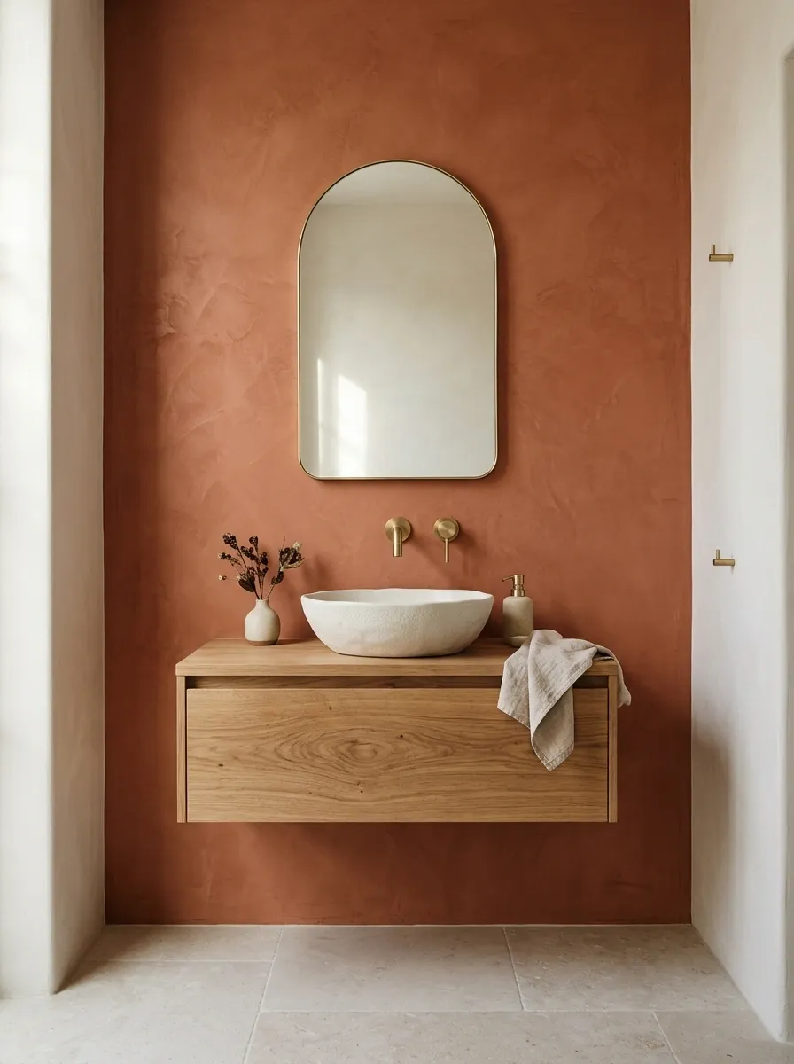 Terracotta Textured Wall With a Floating Oak Vanity