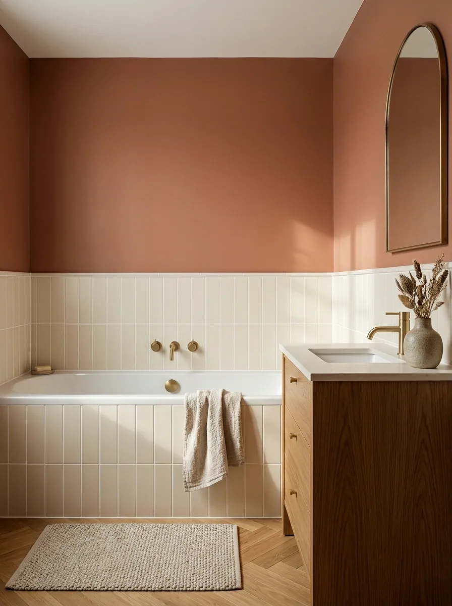 Terracotta Upper Walls With Cream Bathtub Tile