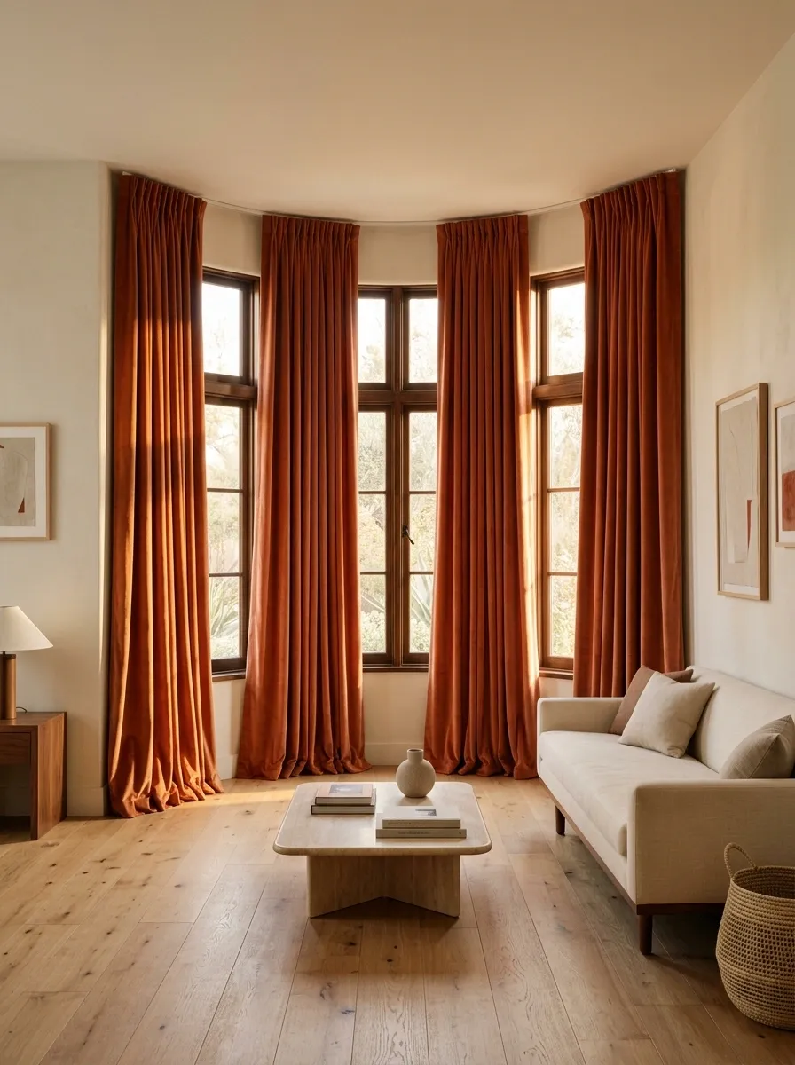 Terracotta Velvet Curtains in a Quiet Neutral Living Room