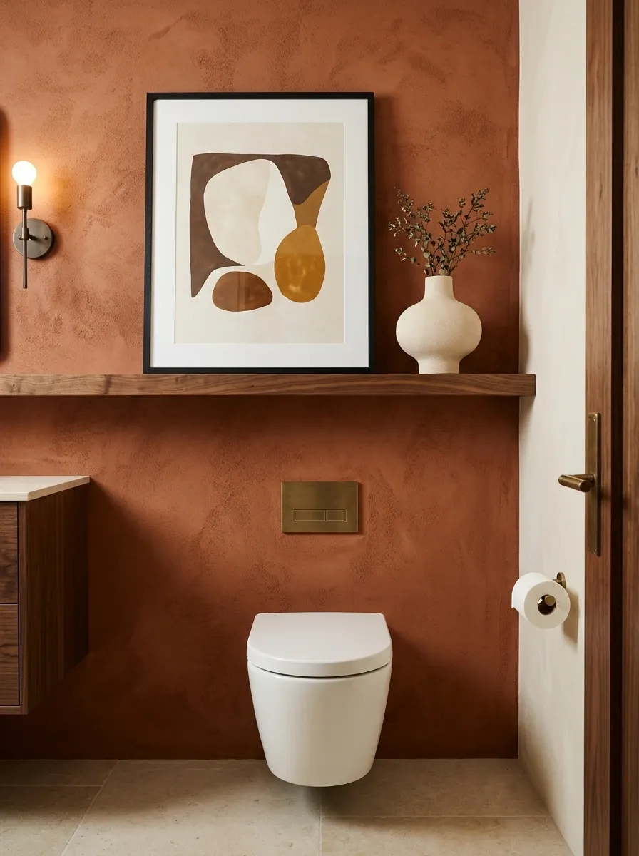 Terracotta Wall With Walnut Shelf