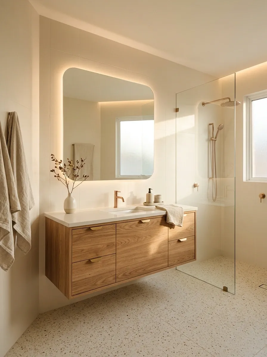 Terrazzo Bathroom With Cream Tiles and Rose Gold Metal