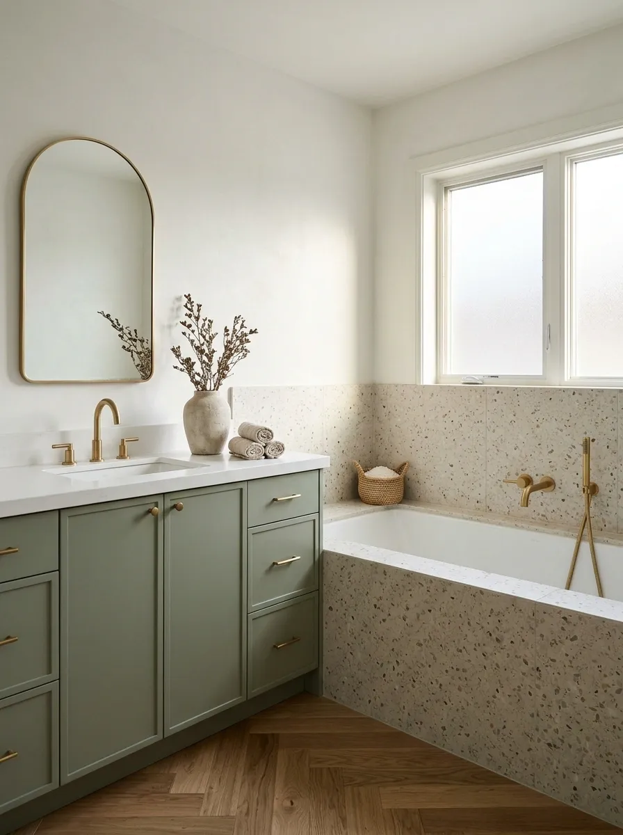 Terrazzo Bathtub Surround With a Muted Green Vanity
