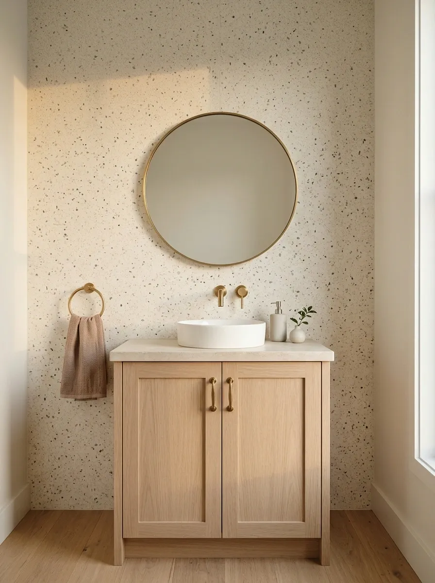 Terrazzo Feature Wall With Pale Oak Cabinetry
