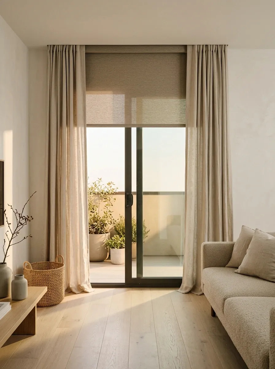 Textured Roller Shades Framed by Soft Side Curtains