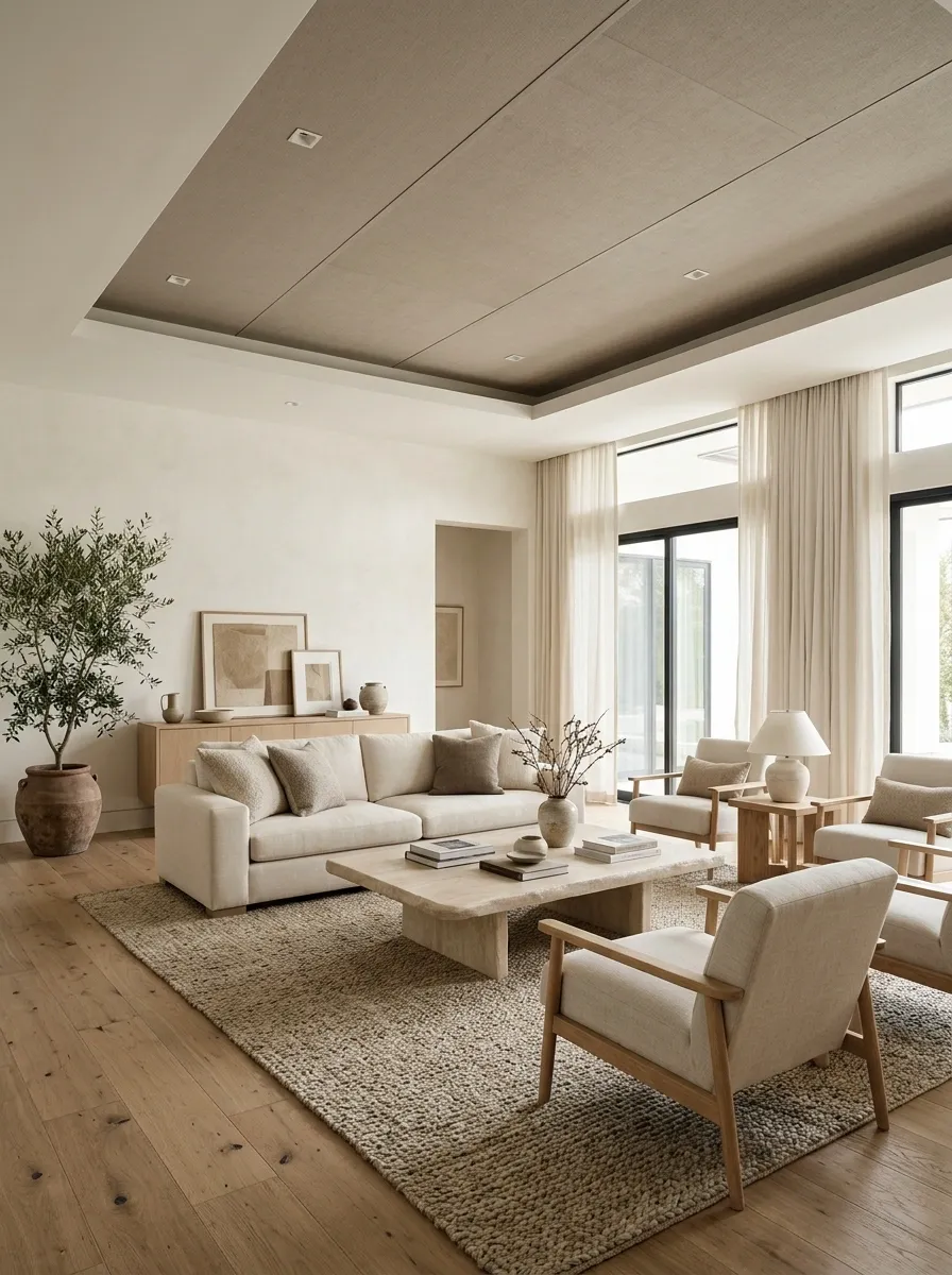 Textured Taupe Ceiling in an Organic Modern Family Room