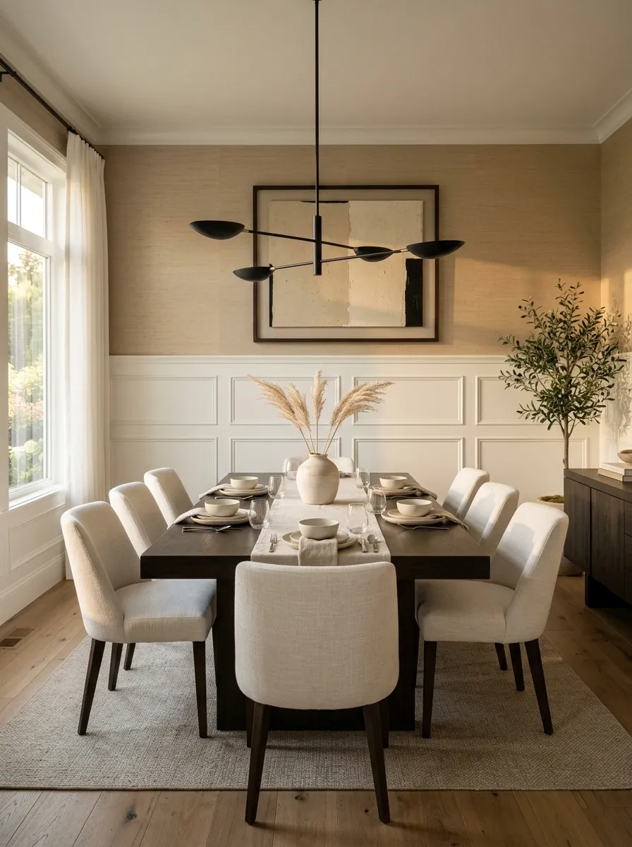 Textured Wallpaper Above Simple White Wainscoting