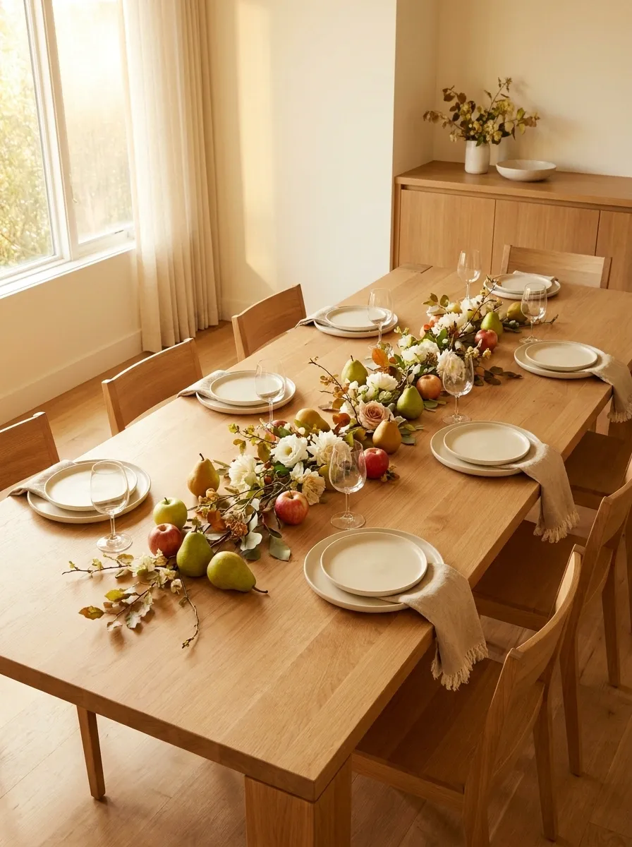 Thanksgiving Brunch Table With Soft Florals and Seasonal Fruit
