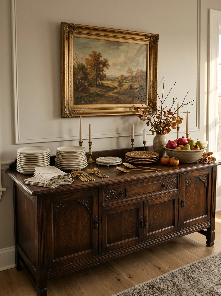 Thanksgiving Buffet Station With a Vintage Sideboard and Layered Serving Pieces