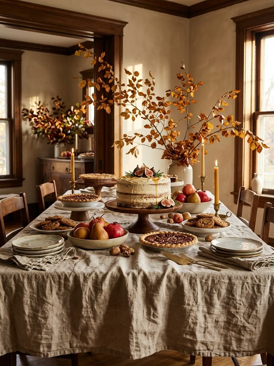 Thanksgiving Dessert Table With Layered Cakes and Autumn Fruit