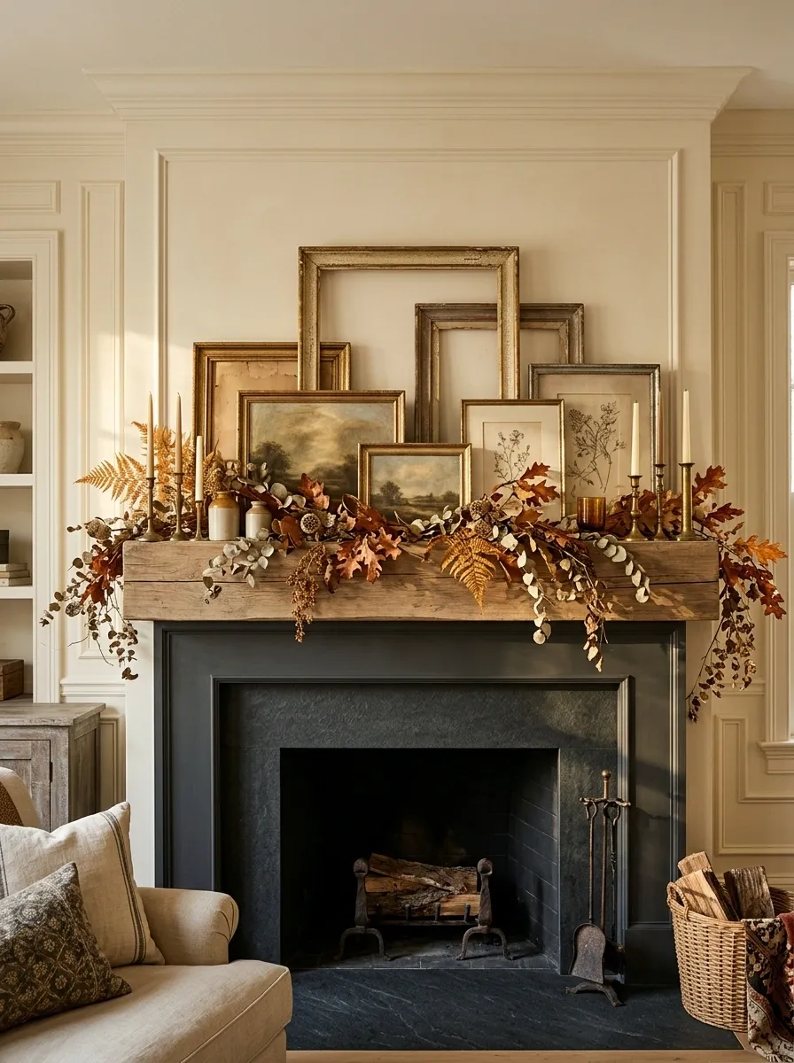 Thanksgiving Mantel With Dried Foliage and Antique Frames