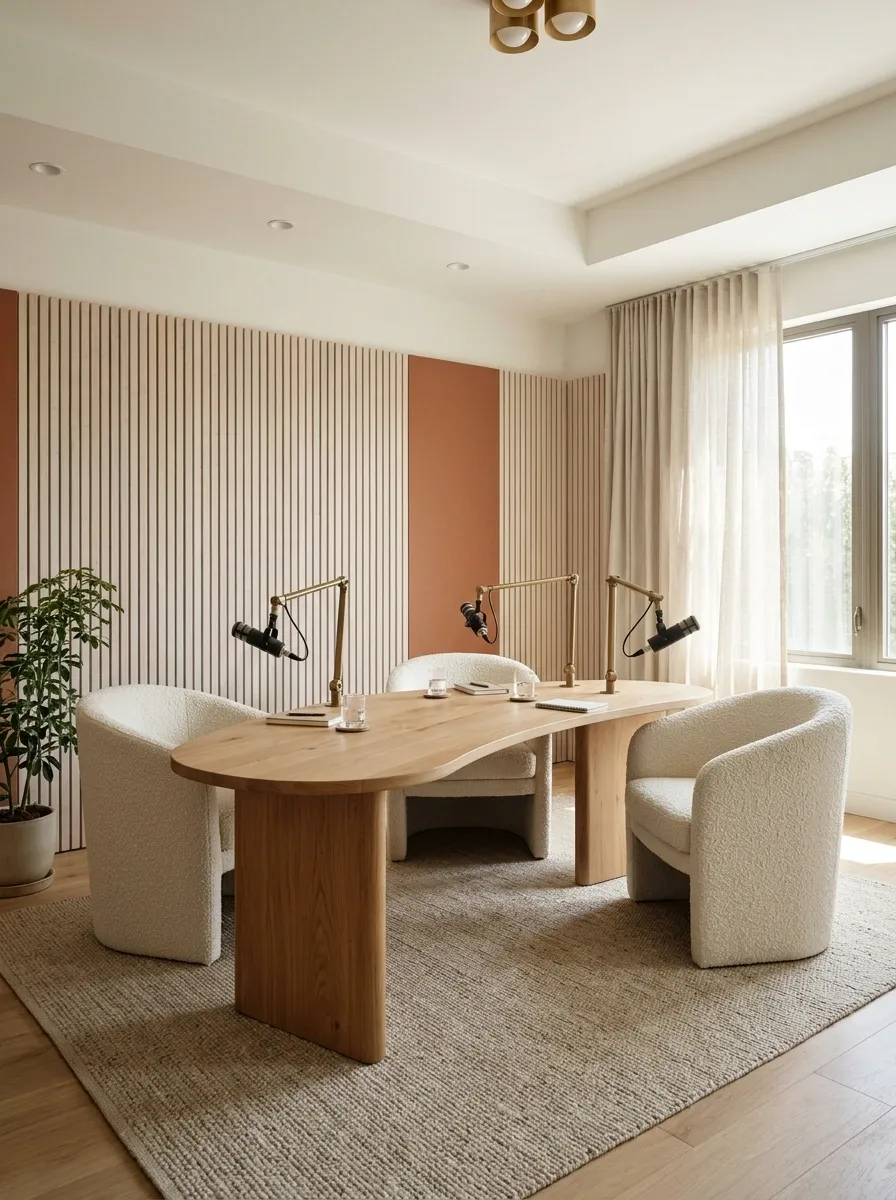Three-Person Podcast Studio With a Curved Conversation Table