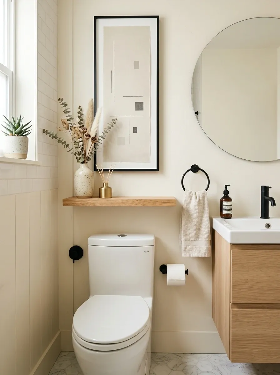 Tiny Apartment Bathroom With Vertical Art