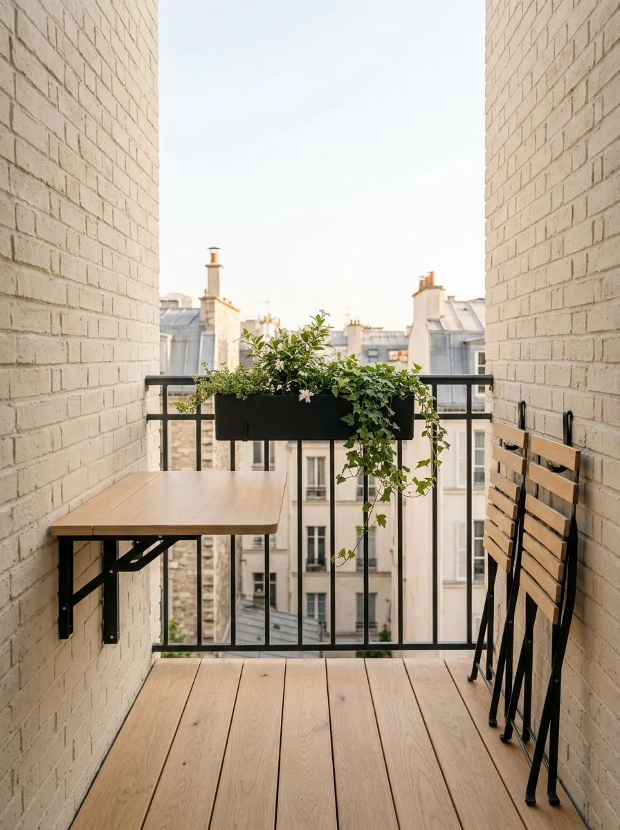 Tiny Balcony With Folding Furniture and a Wall Table