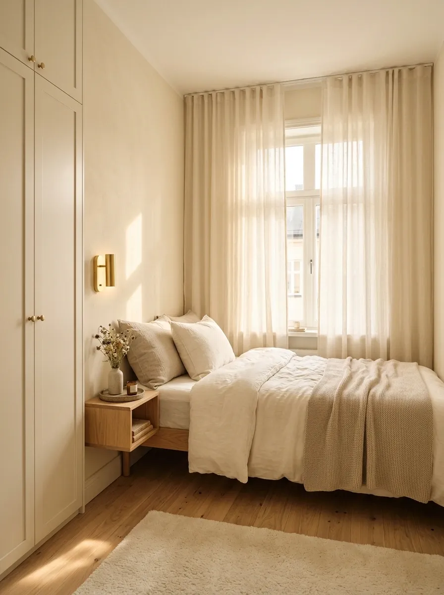 Tiny Bedroom With Wall-Mounted Furniture and Layered Cream Textiles