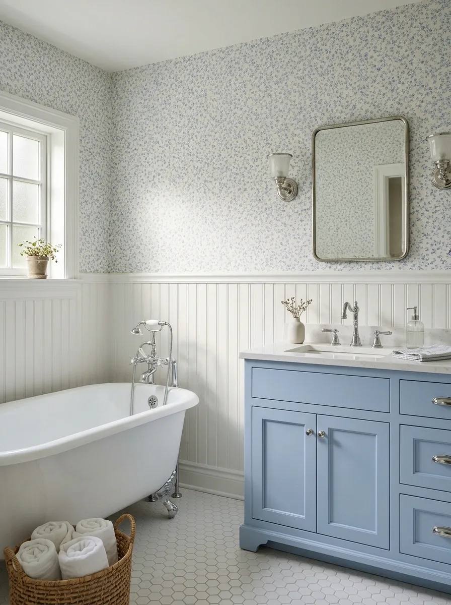 Tiny Blue Floral Wallpaper With Classic White Beadboard